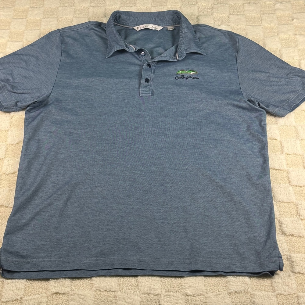 TravisMathew‎ Mens XL Blue Heather Polo Shirt Coeur d'Alene Golf Resort Logo